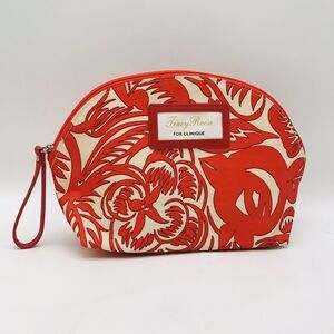 Tracy Reese for Clinique Makeup Bag Red Cream Leaf Print Zipper Cosmetic Case
